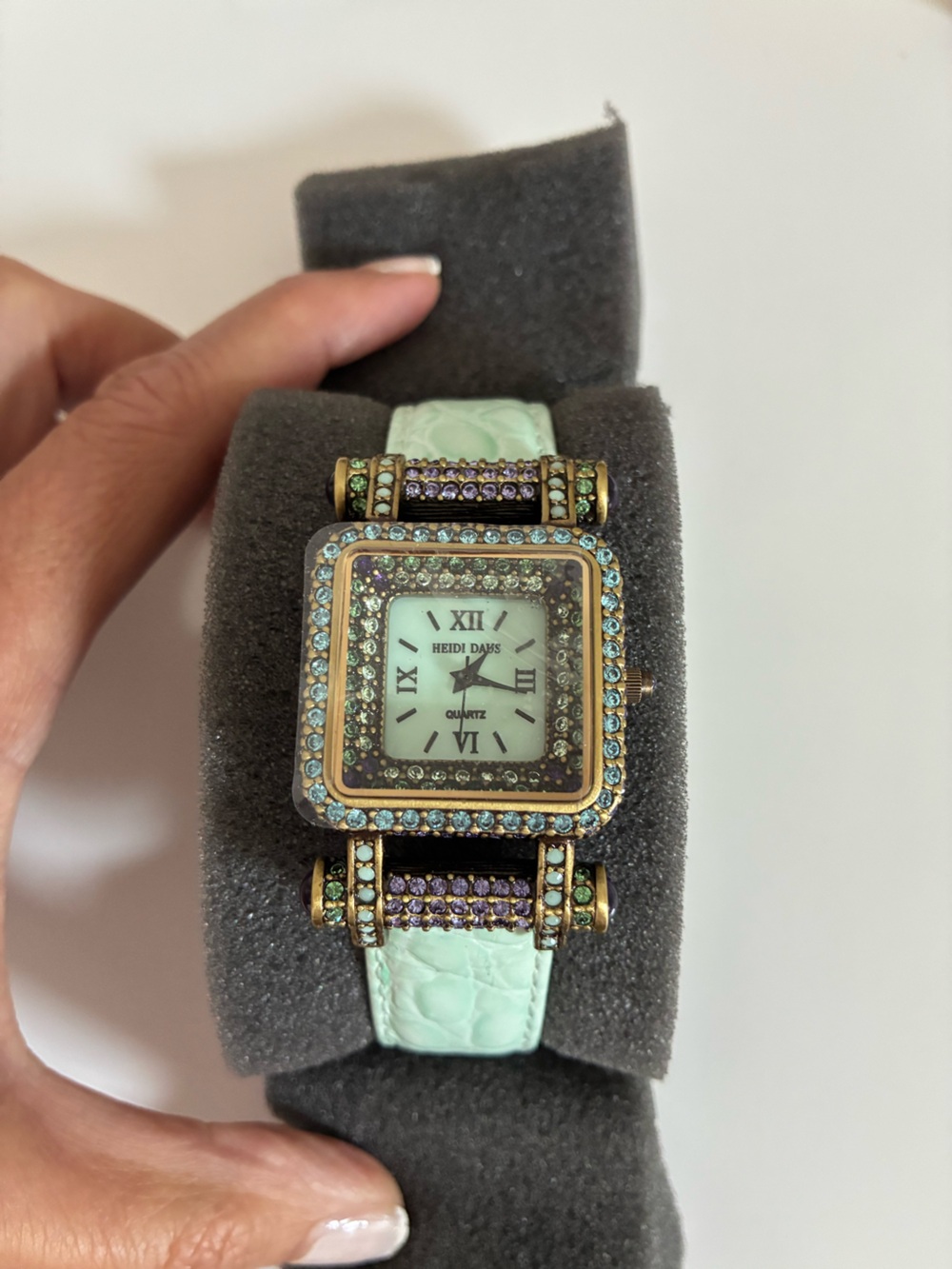 Heidi Daus Square Quartz Watch with Mint Green Croc-Embossed Leather Strap - NWT